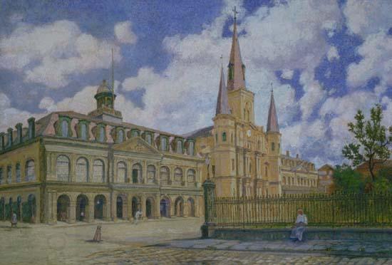 William Woodward Painting of view of Jackson Square French Quarter of New Orleans, oil painting picture